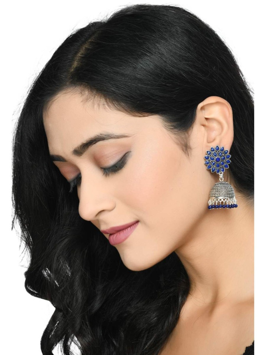 Jewellery Kamal Johar | Blue Oxydized Silver Jhumka Earrings By Kamal Jihar (1 Pair Earrings)