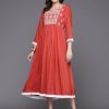 Women Indo Era | Women'S Rust Embroidered A-Line Ethnic Dress - Indo Era Brown