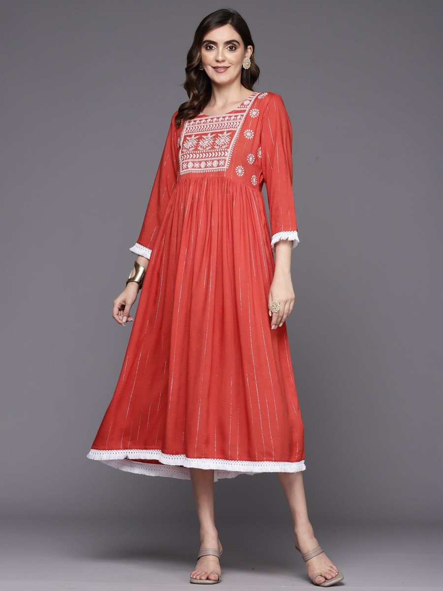 Women Indo Era | Women'S Rust Embroidered A-Line Ethnic Dress - Indo Era Brown