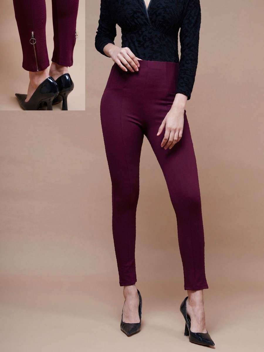 Women SASSAFRAS | Women'S Bottom Zipper Jeggings - Sassafras Burgundy