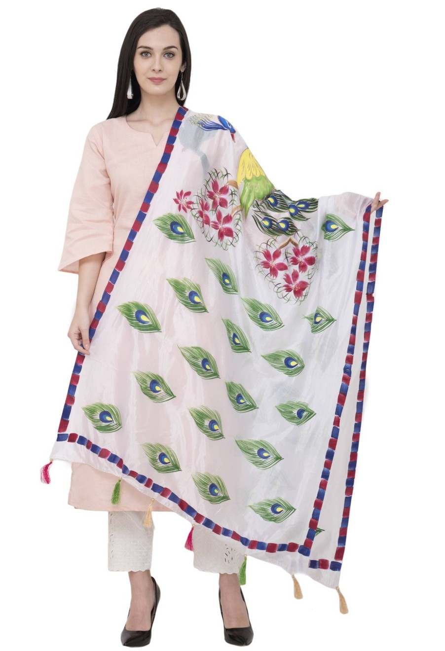 Women AR Silks | A R Silk Silk Peacock Multi Fancy Dupatta Color Dupatta Or Chunni White