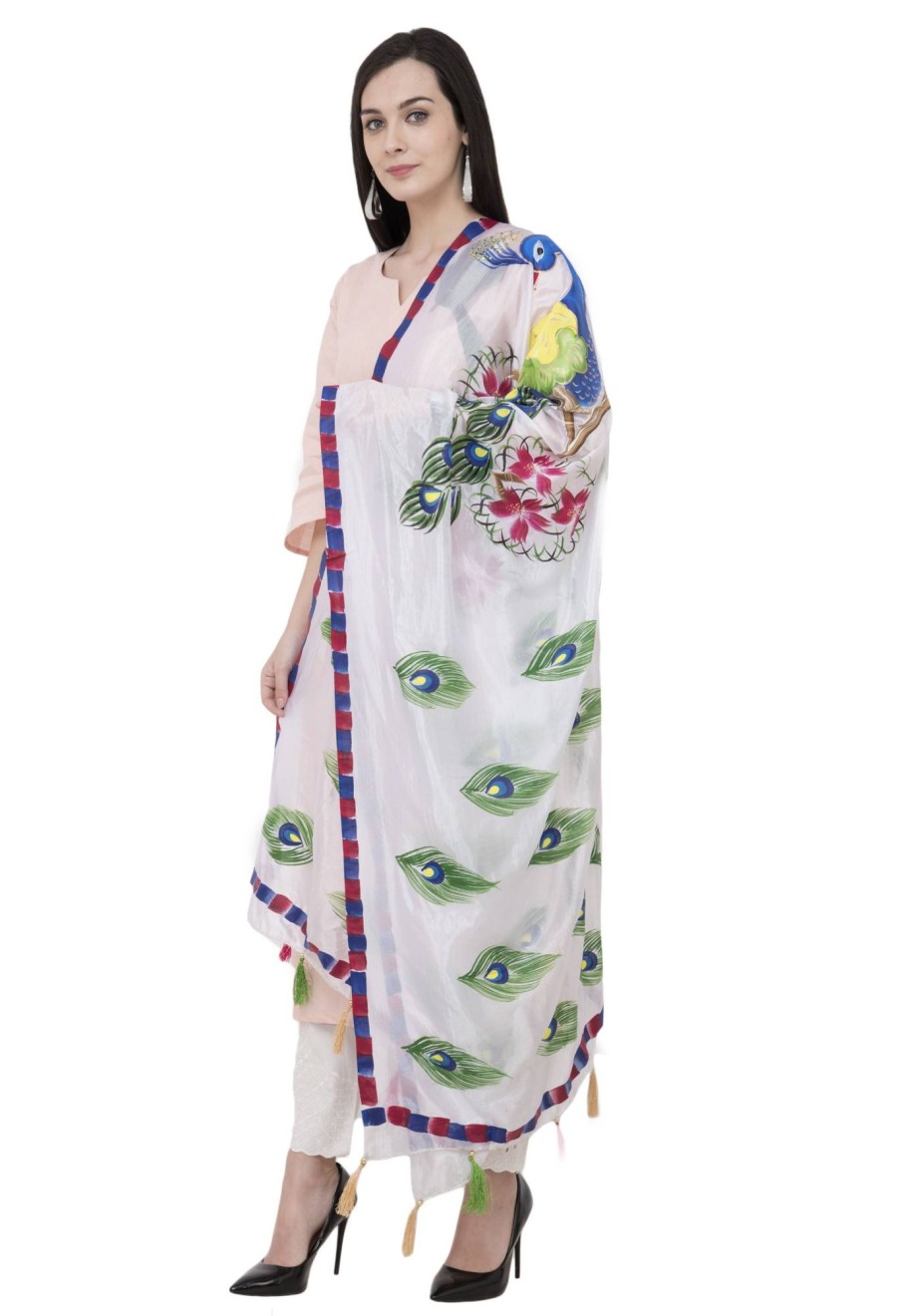 Women AR Silks | A R Silk Silk Peacock Multi Fancy Dupatta Color Dupatta Or Chunni White