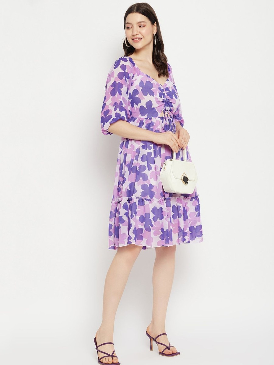 Women BitterLime | Women'S Printed Ruched String - Tie Dress - Bitterlime Mauve