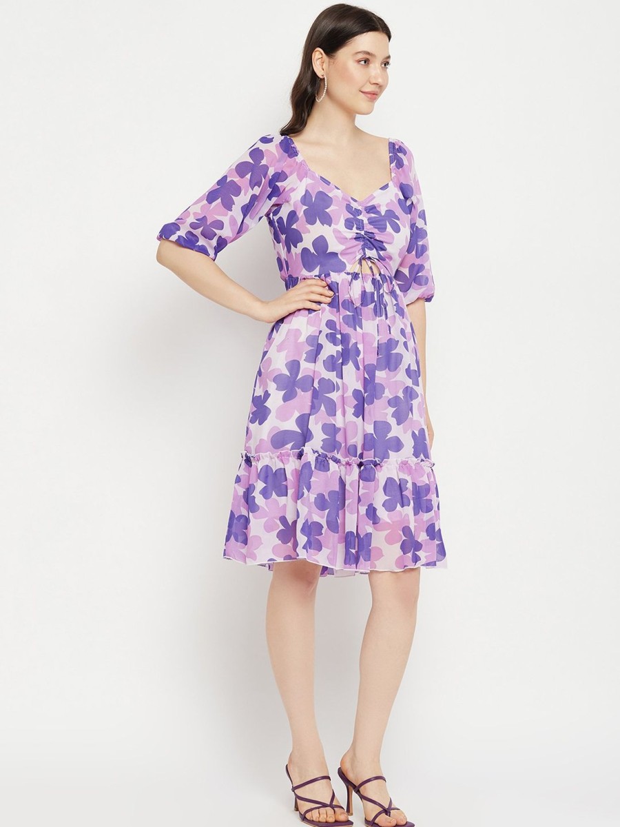 Women BitterLime | Women'S Printed Ruched String - Tie Dress - Bitterlime Mauve