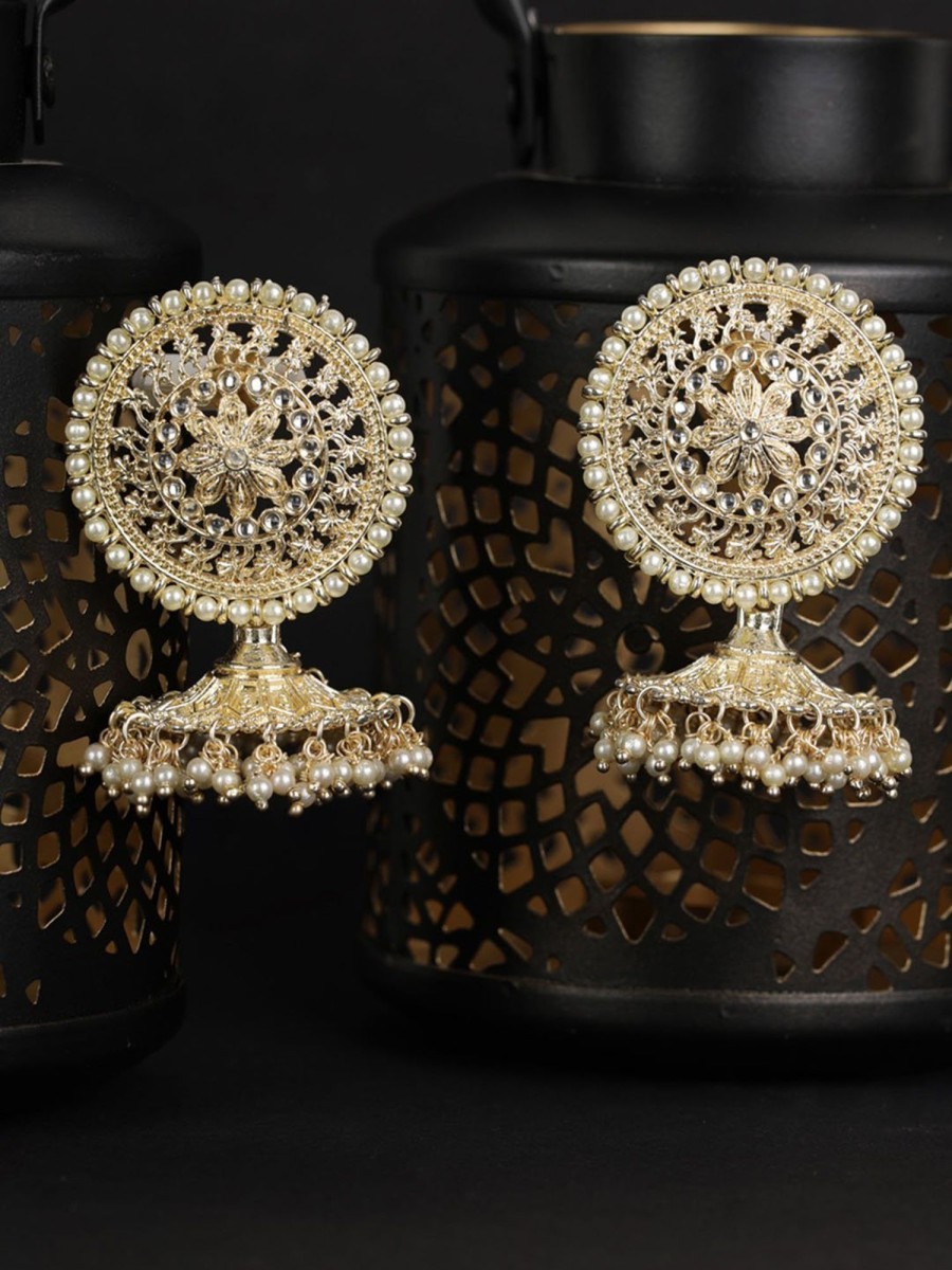 Jewellery Priyaasi | Women'S White Beaded Plated Jhumkas - Priyaasi Gold