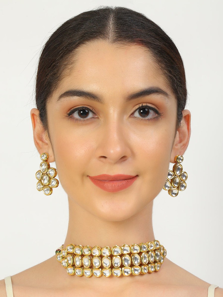 Jewellery Femizen | Women'S Kundan Choker With Earrings - Femizen Golden