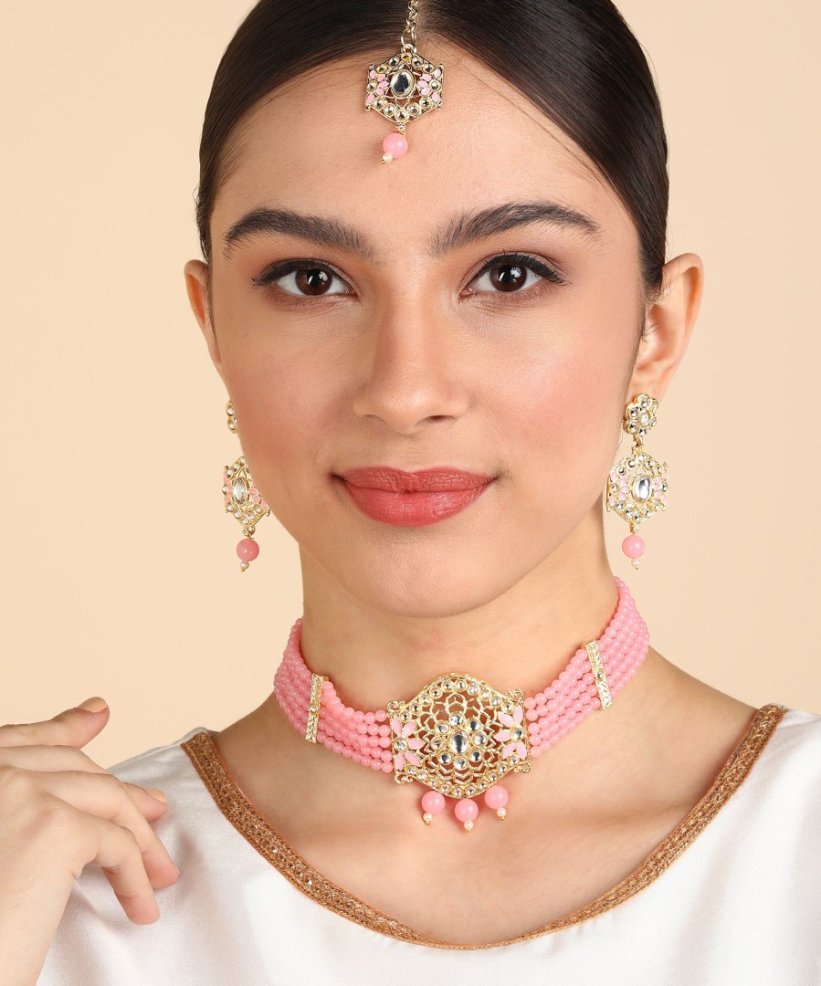 Jewellery Zaffre Collections | Women'S/Girl'S Choker Set With Maang Tikka And Meena - Zaffre Collections Pink