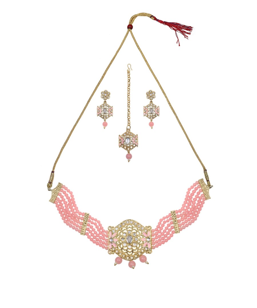 Jewellery Zaffre Collections | Women'S/Girl'S Choker Set With Maang Tikka And Meena - Zaffre Collections Pink