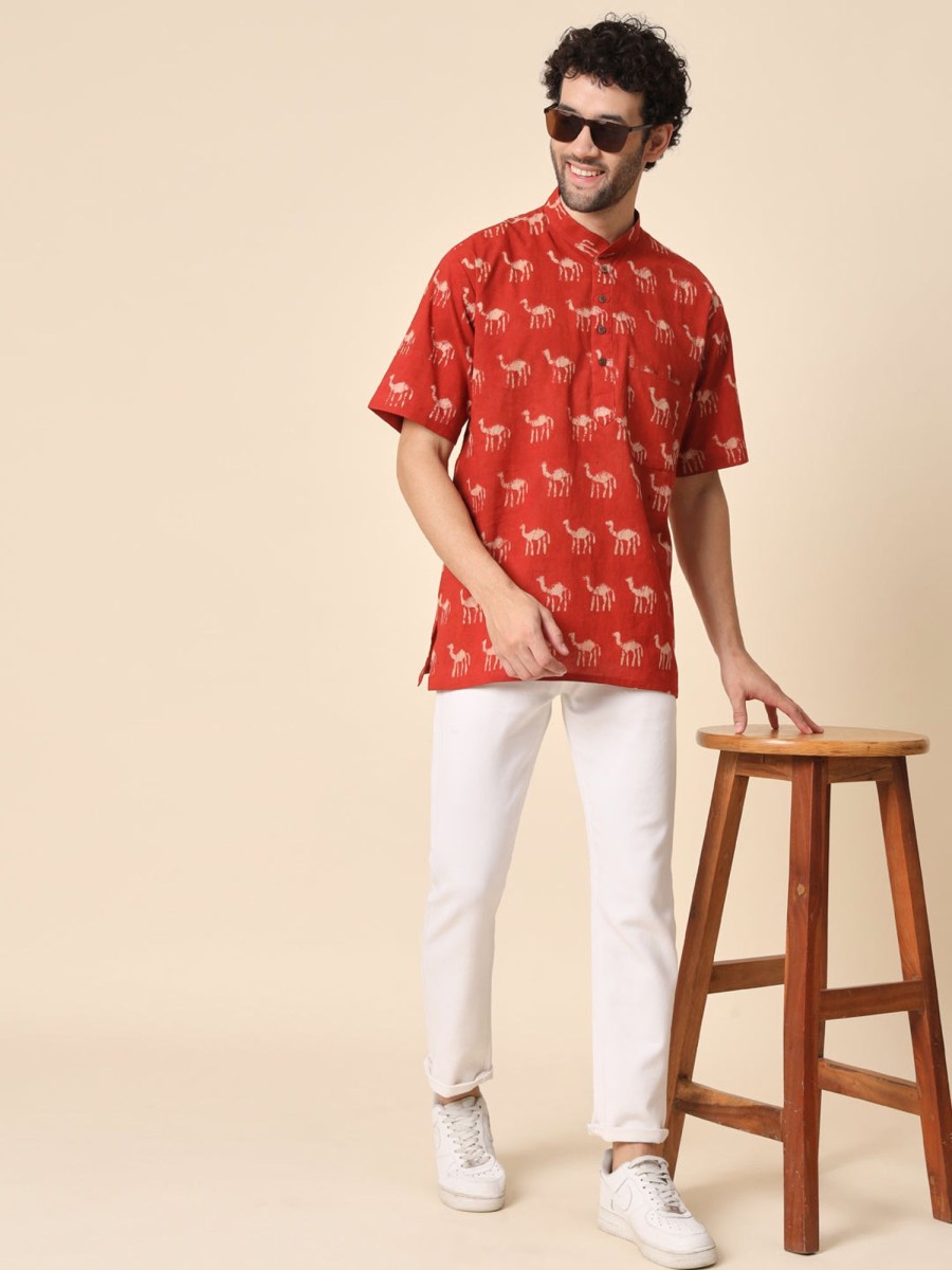 Men TREND-MATTERS | Men'S Red Pure Cotton Hand Block Printed Kurta For Men - Trend-Matters