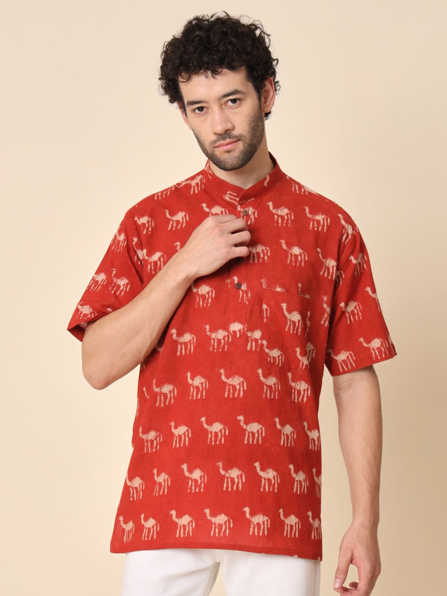 Men TREND-MATTERS | Men'S Red Pure Cotton Hand Block Printed Kurta For Men - Trend-Matters