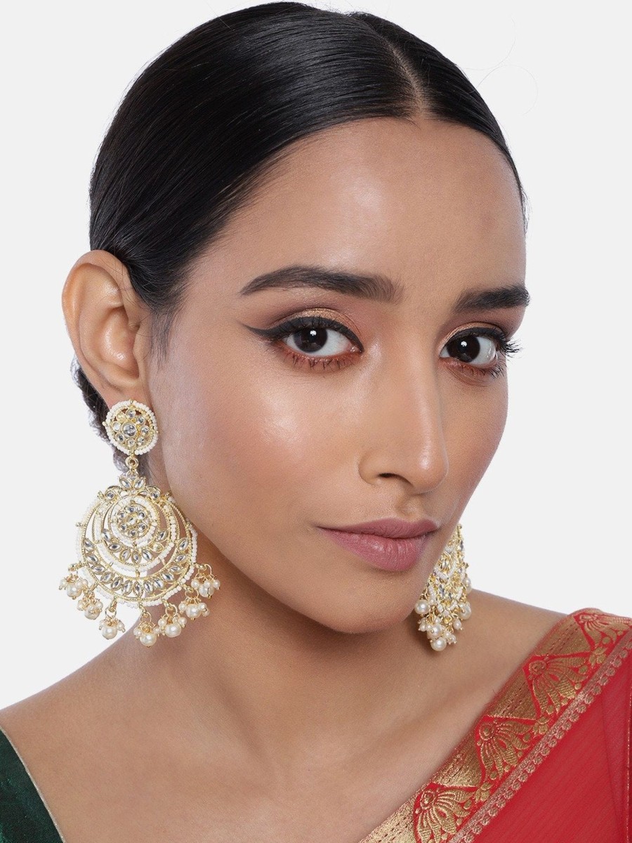 Jewellery I Jewels | Women'S Gold Plated Beaded Chandbali Earrings Glided With Kundans U0026 Pearls - I Jewels White