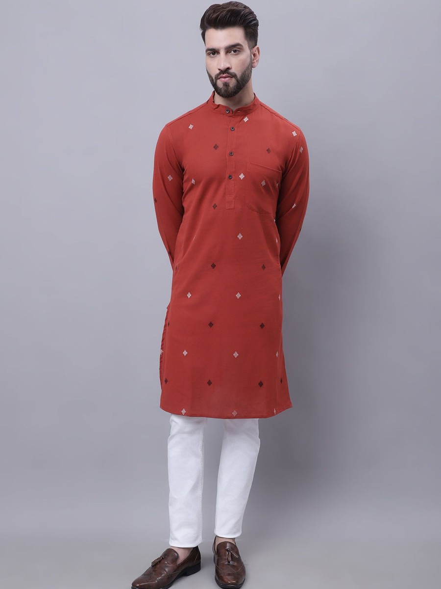 Men Even Apparels | Men'S Pure Cotton Kurta With Band Collar - Even Apparels Orange