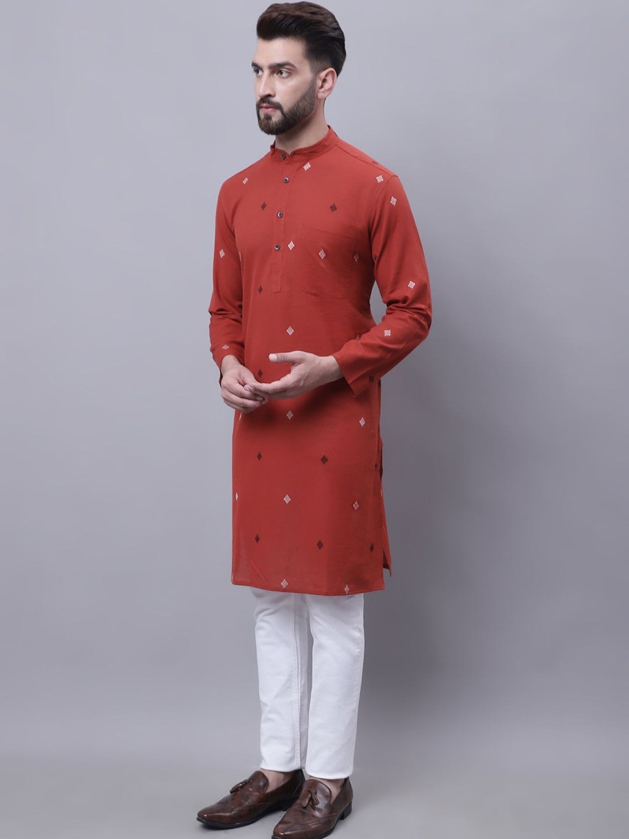 Men Even Apparels | Men'S Pure Cotton Kurta With Band Collar - Even Apparels Orange