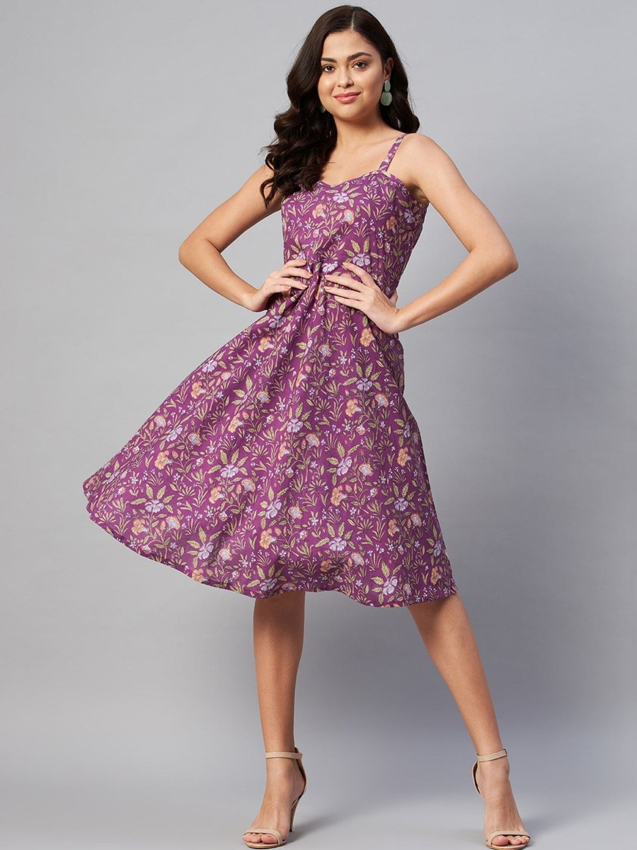 Women Miravan | Women'S Floral Printed Midi Length Dress - Miravan Purple