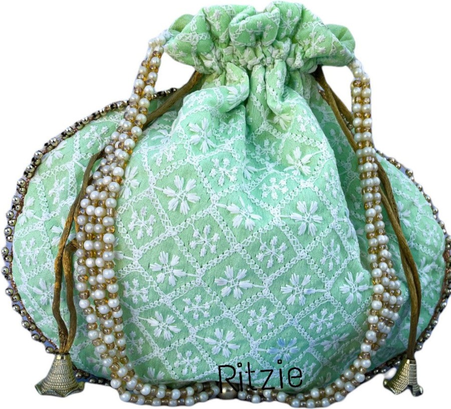 Others Ritzie | Women'S Chickenkari Embroidered Design Potli Wedding Wristlets - Ritzie