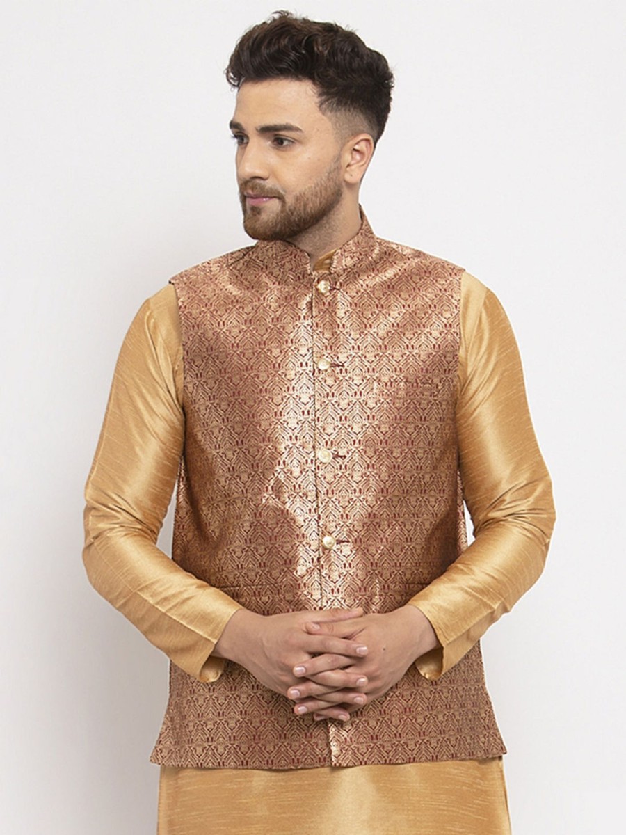 Men Virat Fashions | Men'S Maroon Woven Nehru Jacket ( Jowc 4009Maroon ) - Virat Fashions