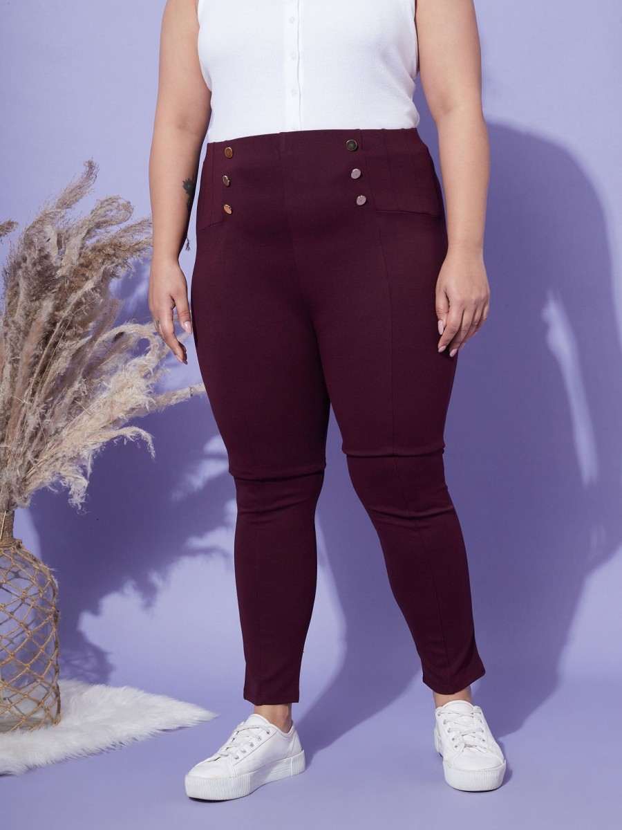 Women SASSAFRAS | Women'S Show Button High Waist Jeggings - Sassafras Burgundy