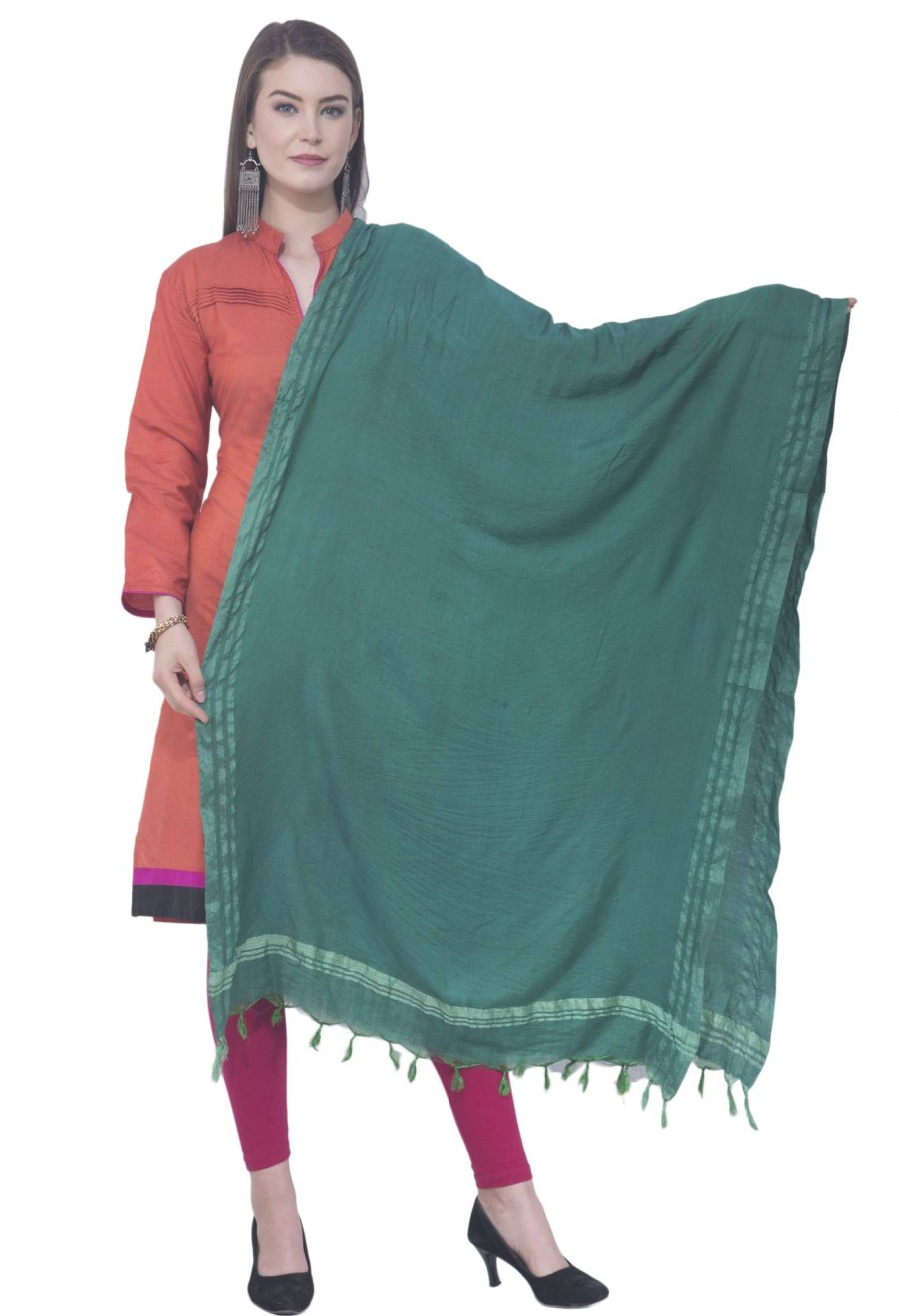 Women AR Silks | A R Silk Color Golden Border Cotton Dupattas And Chunnis Rama Green