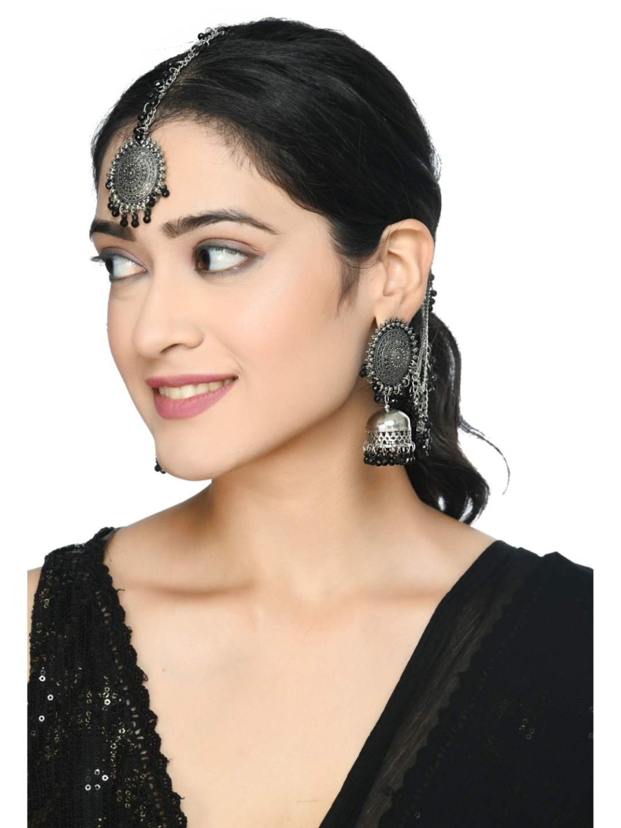 Jewellery Kamal Johar | Johar Kamal Bahubali Earrings U0026 Tika Jker_146 Black