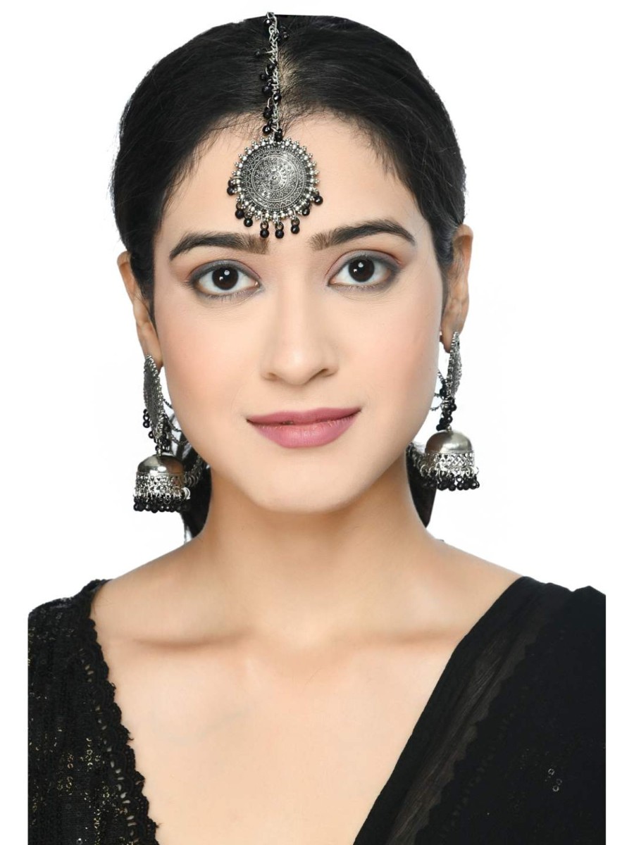 Jewellery Kamal Johar | Johar Kamal Bahubali Earrings U0026 Tika Jker_146 Black