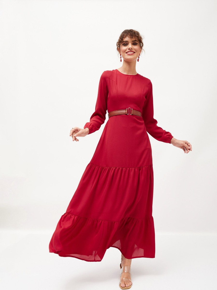 Women Lyush | Women'S Maroon Belted Tiered Maxi Dress - Lyush