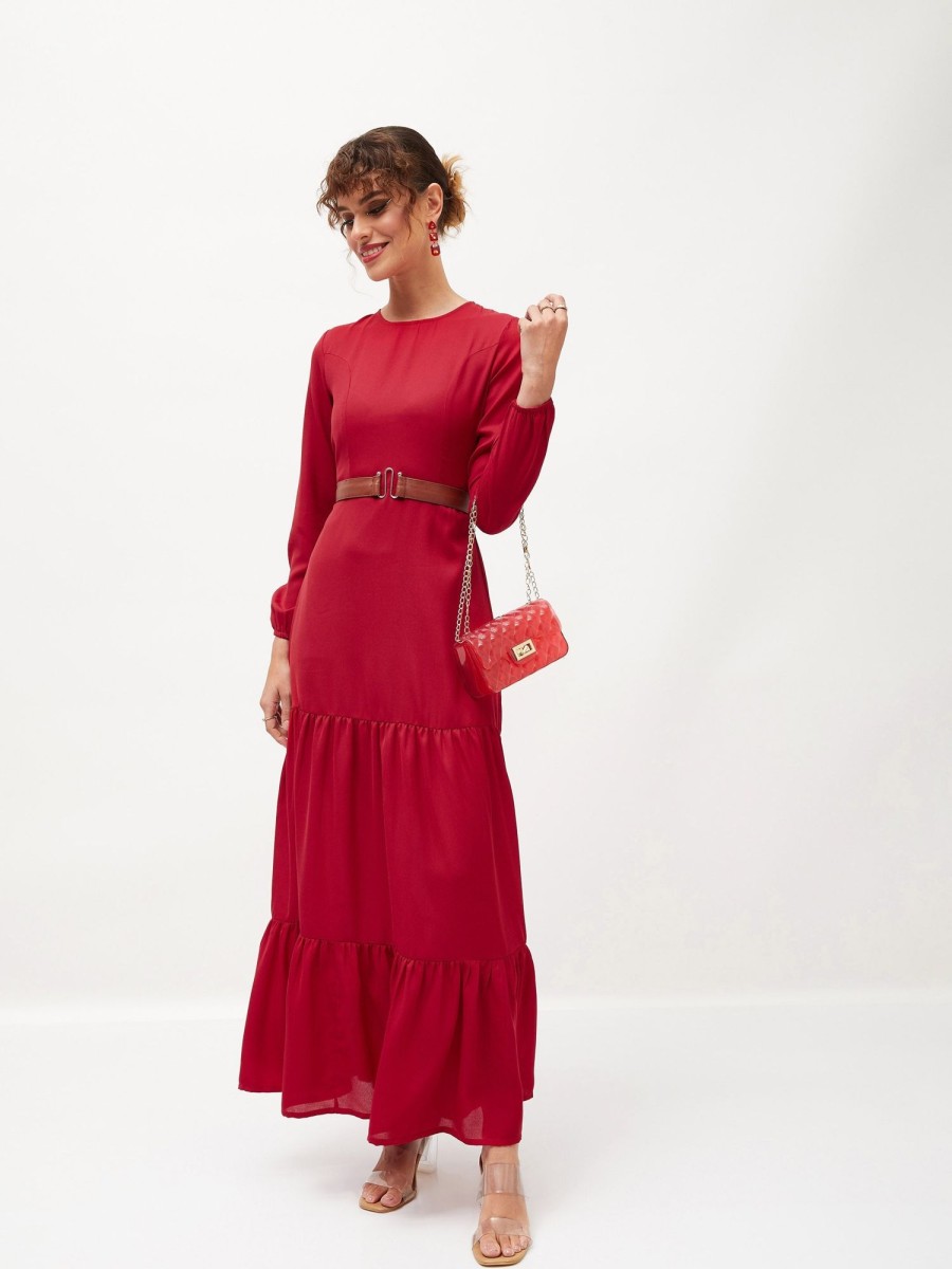 Women Lyush | Women'S Maroon Belted Tiered Maxi Dress - Lyush