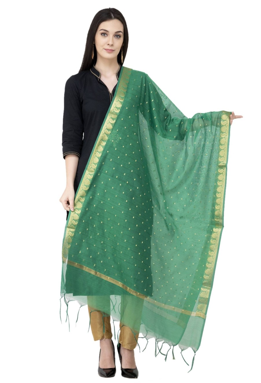 Women AR Silks | A R Silk Vns Border Buti Fancy Dupatta Color Dupatta Or Chunni Green