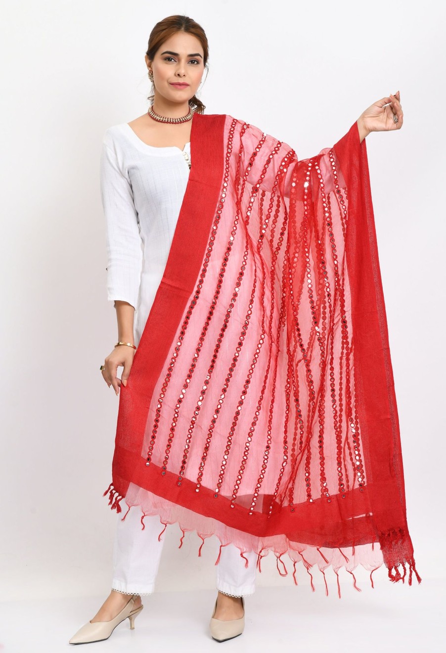 Women Moeza | Women'S Orgenza Mirror Stripe Thread Work Dupatta - Moeza Red