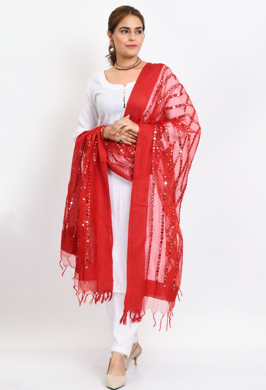 Women Moeza | Women'S Orgenza Mirror Stripe Thread Work Dupatta - Moeza Red