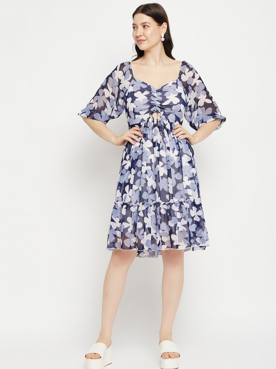 Women BitterLime | Women'S Printed Ruched String - Tie Dress - Bitterlime Blue