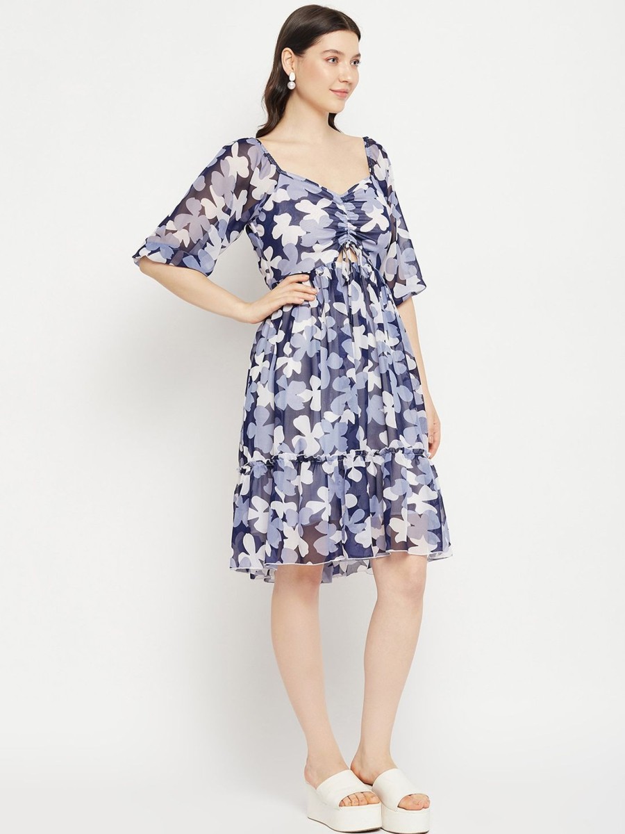 Women BitterLime | Women'S Printed Ruched String - Tie Dress - Bitterlime Blue