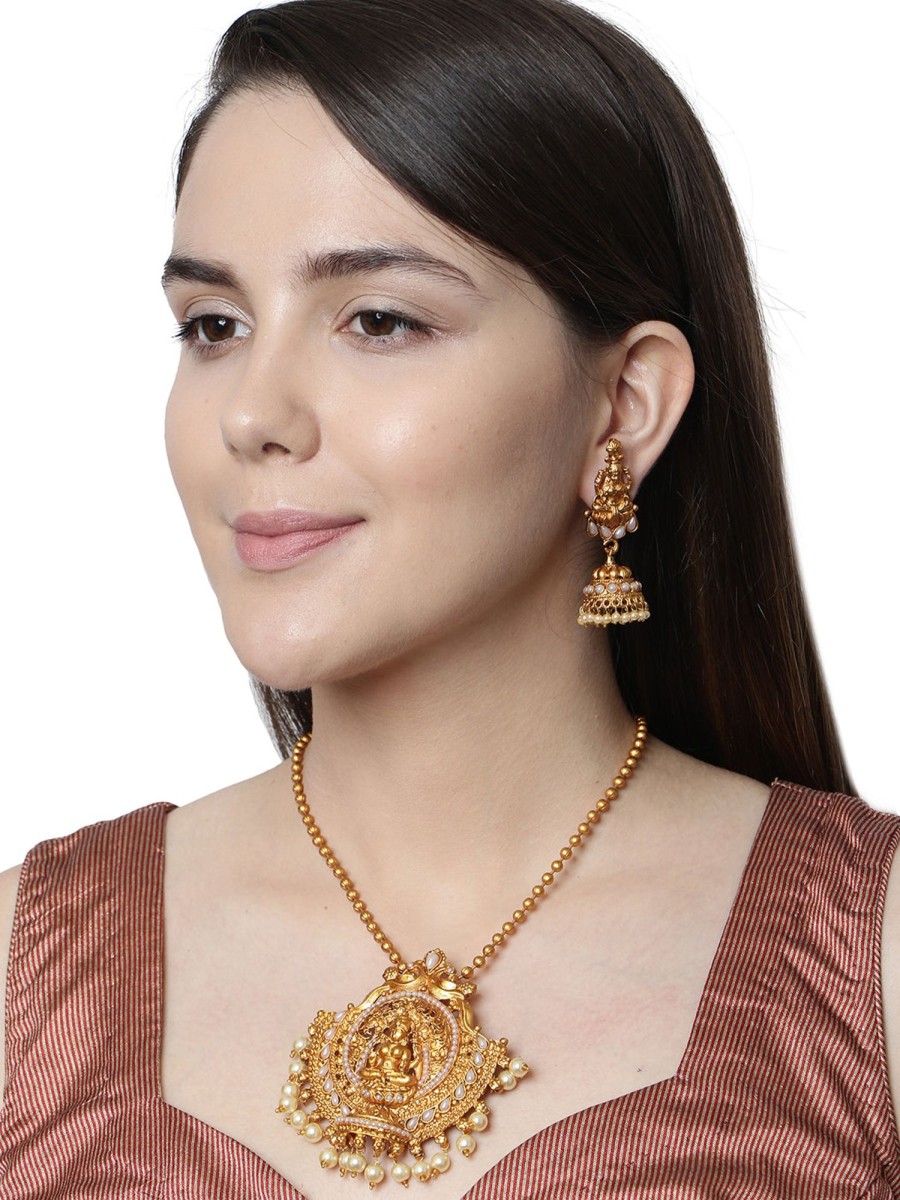 Jewellery Anikas Creation | Antique Matte Gold Finish Goddess Laxmi White Stone Studded Temple Jewellery Set - Anikas Creation Multicolor