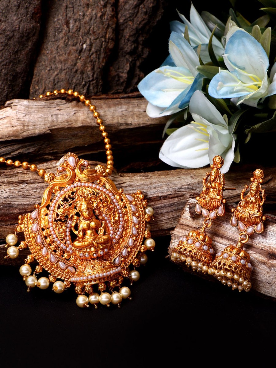 Jewellery Anikas Creation | Antique Matte Gold Finish Goddess Laxmi White Stone Studded Temple Jewellery Set - Anikas Creation Multicolor