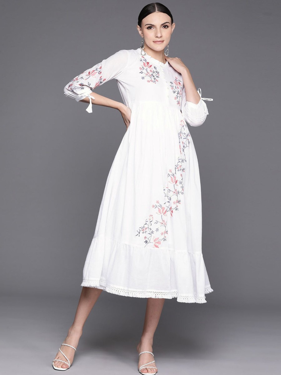 Women Indo Era | Women'S A-Line Midi Dress - Indo Era White