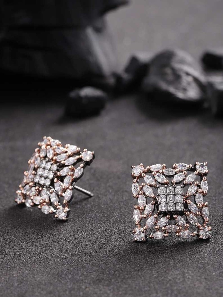 Jewellery Priyaasi | Women'S Sparkling Rose Gold Plated Geometric Shaped American Diamond Stud Earring - Priyaasi