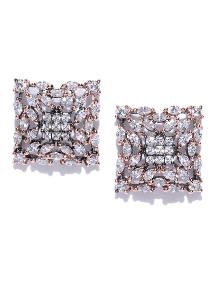 Jewellery Priyaasi | Women'S Sparkling Rose Gold Plated Geometric Shaped American Diamond Stud Earring - Priyaasi