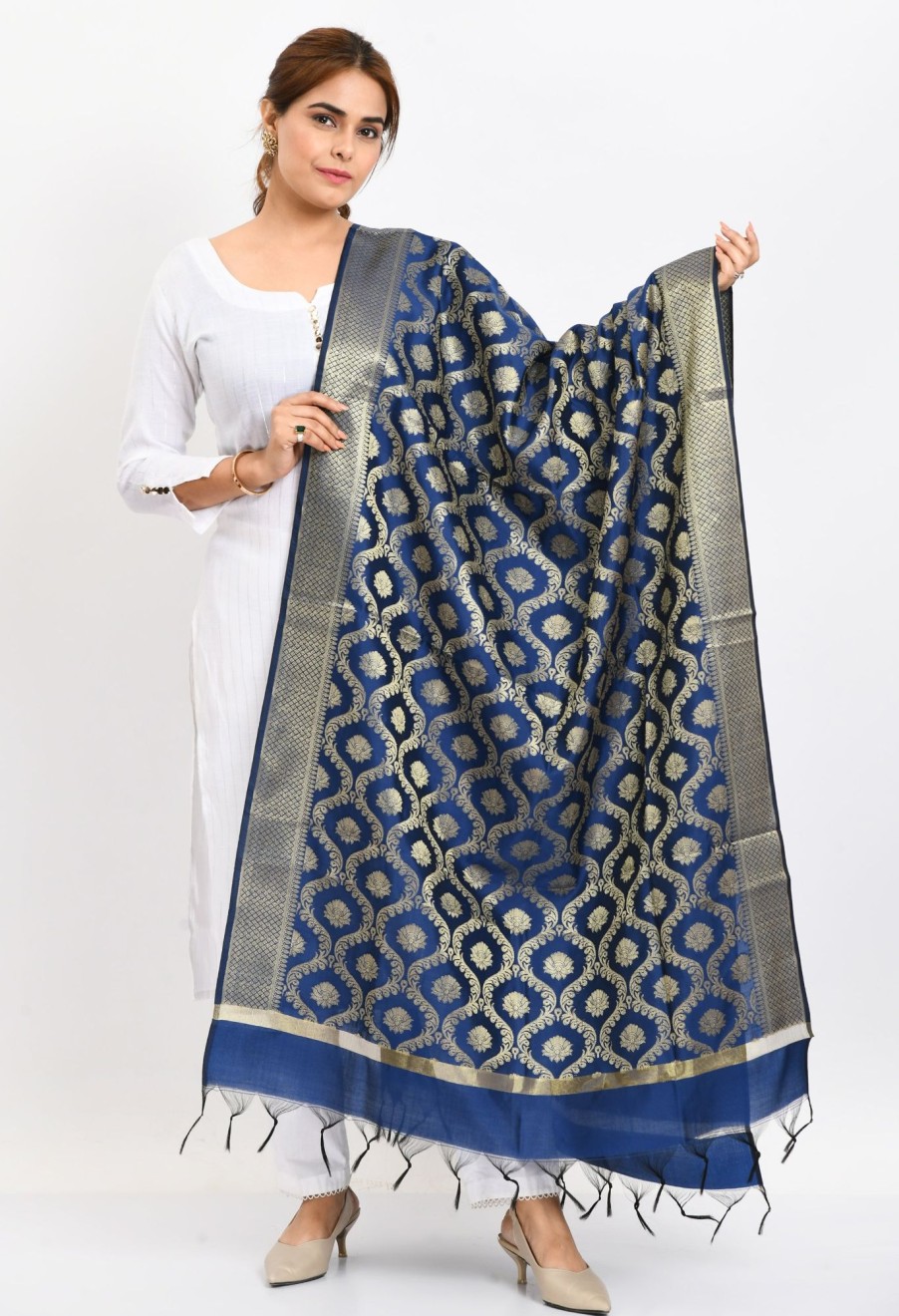 Women Moeza | Women'S Banarsi Silk All Over Woven Design Navy Dupatta - Moeza Blue