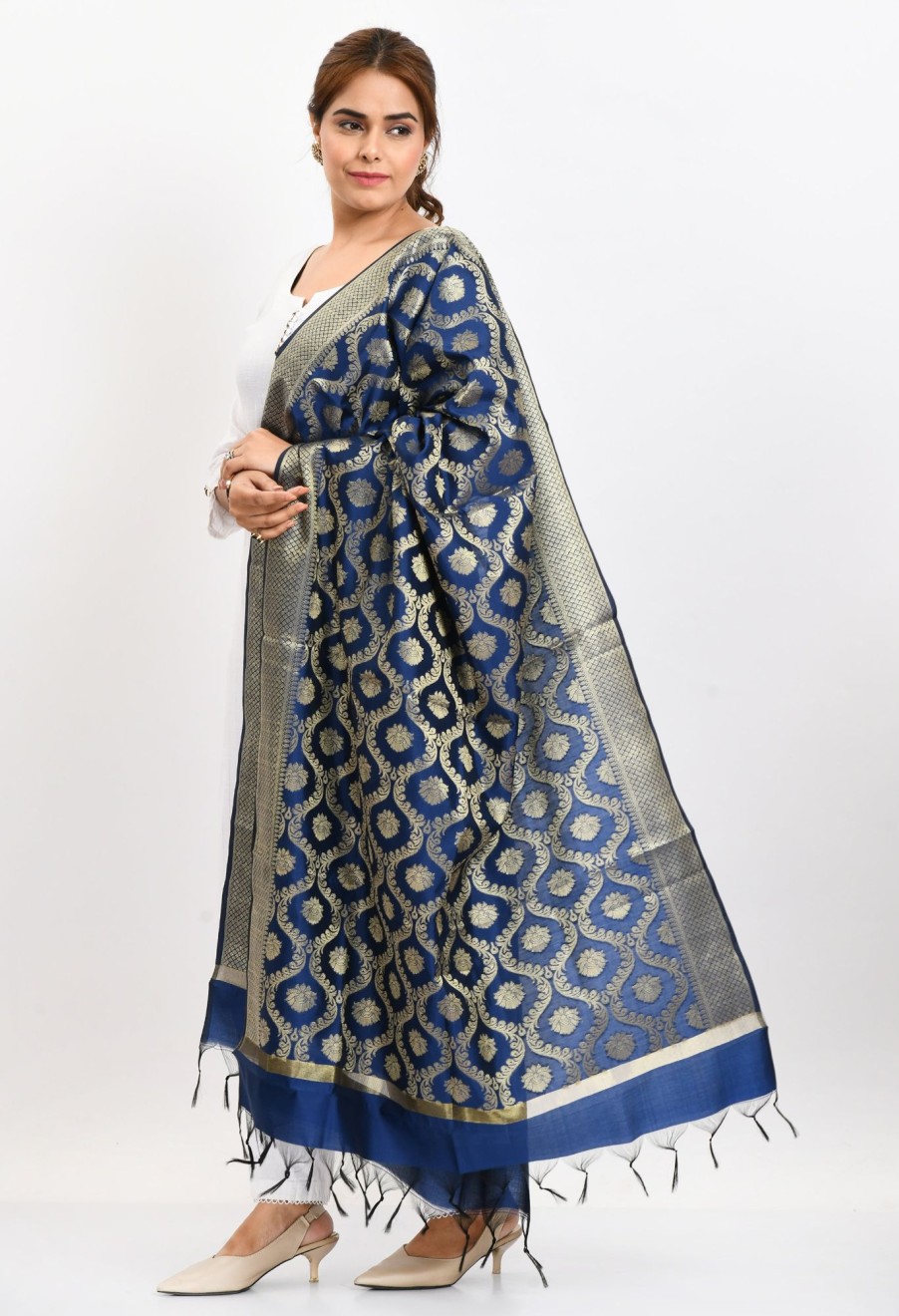 Women Moeza | Women'S Banarsi Silk All Over Woven Design Navy Dupatta - Moeza Blue