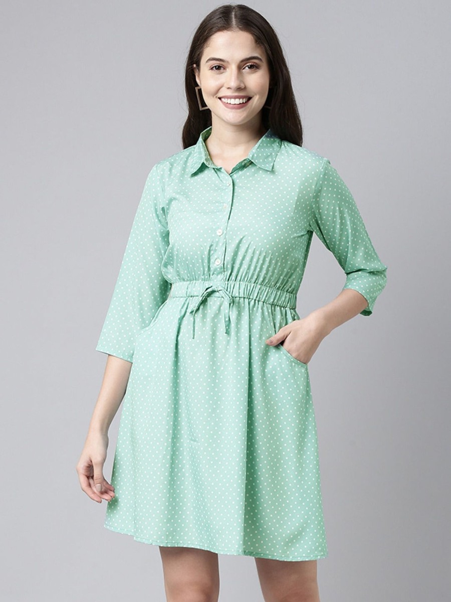 Women Ahika | Women'S Crepe Polka Dots Printed Dress - Ahika Green