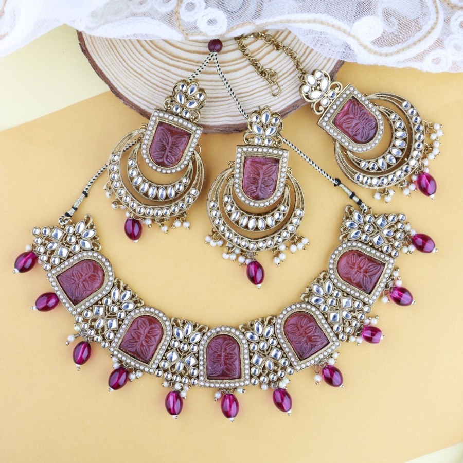 Jewellery I Jewels | Women'S 18K Gold Plated Traditional Pearl Kundan U0026 Stone Studded Jewellery Necklace Set With Maang Tikka - I Jewels Purple