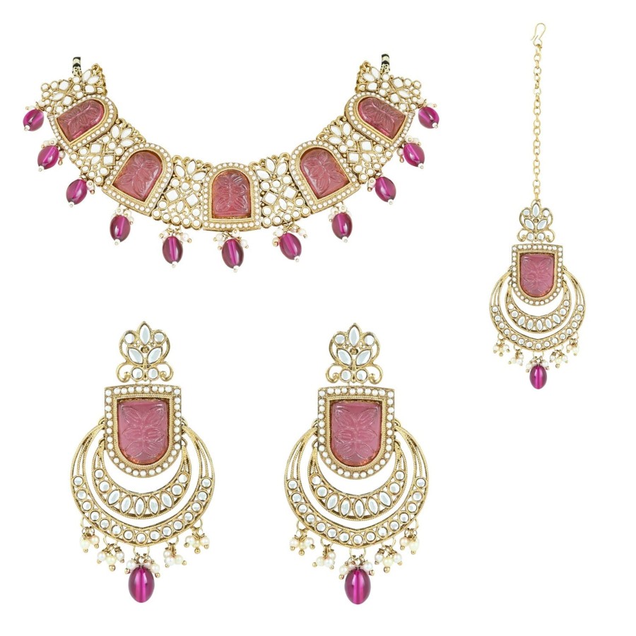 Jewellery I Jewels | Women'S 18K Gold Plated Traditional Pearl Kundan U0026 Stone Studded Jewellery Necklace Set With Maang Tikka - I Jewels Purple