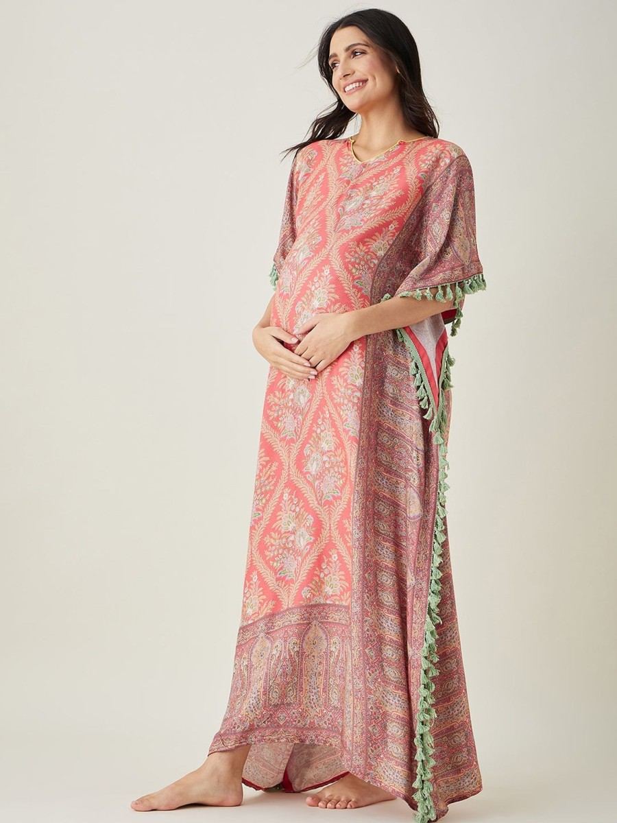 Women The Kaftan Company | Women'S Scarlet Maternity Kaftan With Intricate Motifs - The Kaftan Company Red