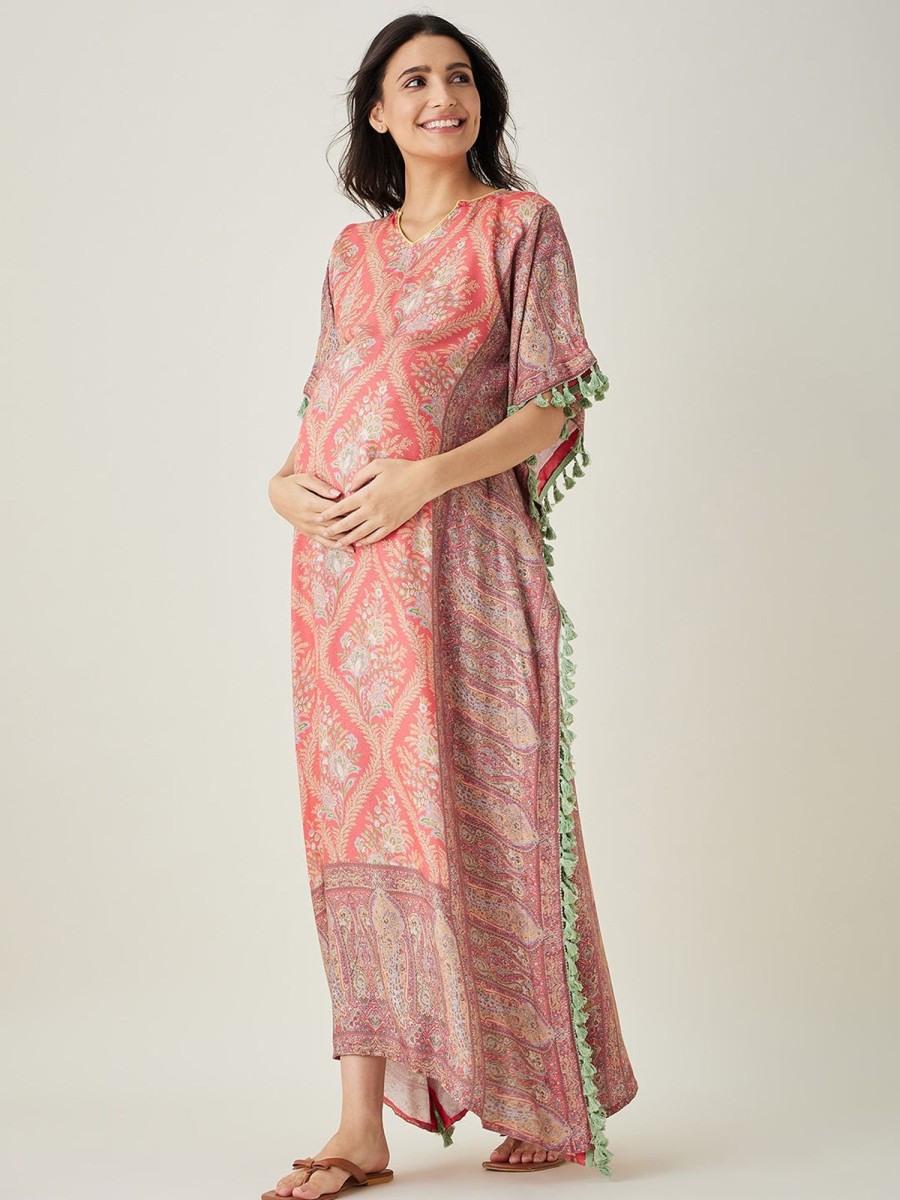 Women The Kaftan Company | Women'S Scarlet Maternity Kaftan With Intricate Motifs - The Kaftan Company Red