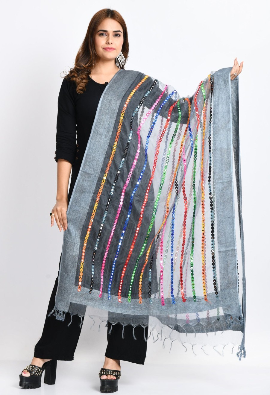 Women Moeza | Women'S Orgenza Multi Thread Mirror Work Dupatta - Moeza Grey