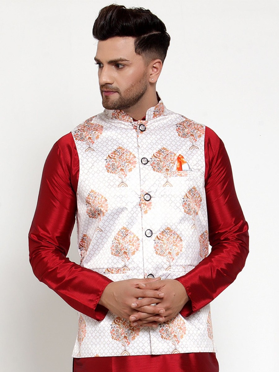 Men Virat Fashions | Men'S White Printed Nehru Jacket ( Jowc 4014White ) - Virat Fashions