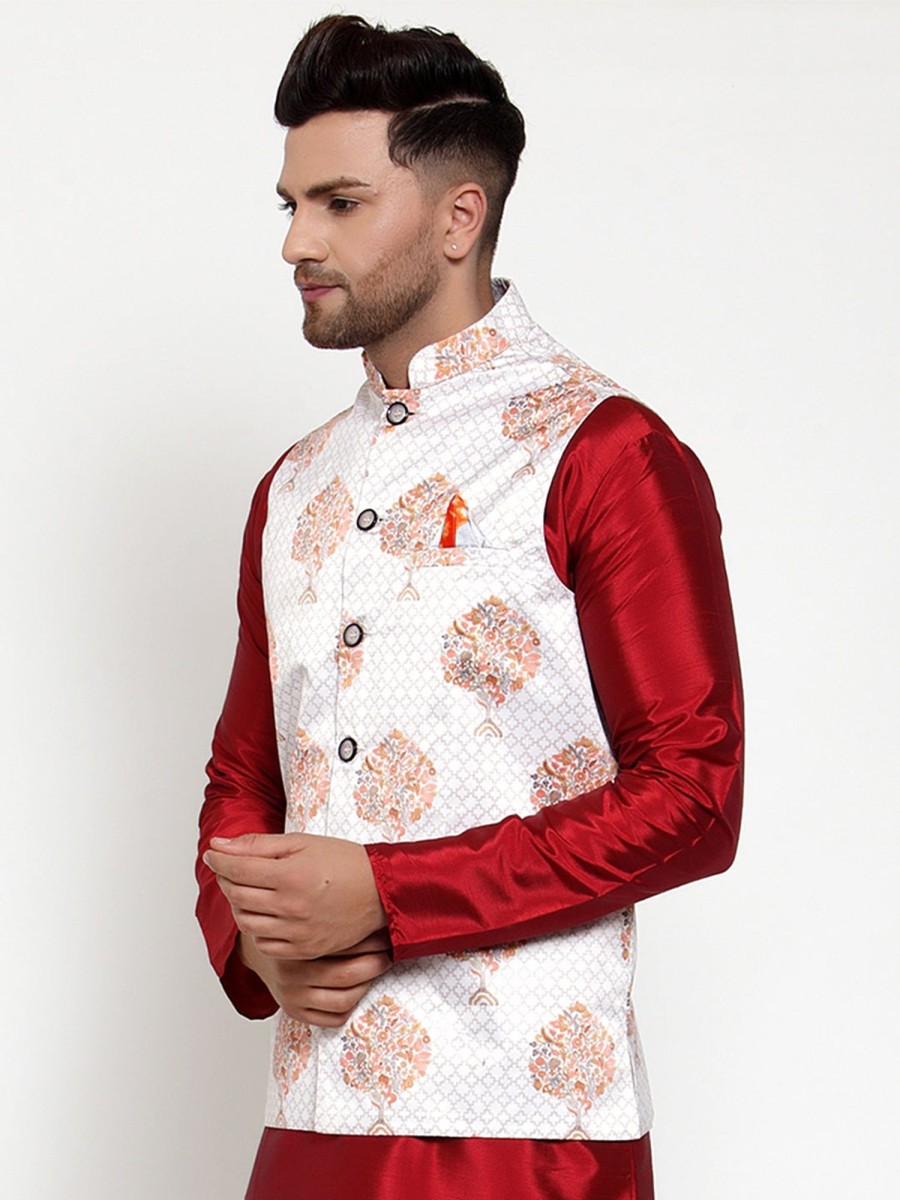 Men Virat Fashions | Men'S White Printed Nehru Jacket ( Jowc 4014White ) - Virat Fashions