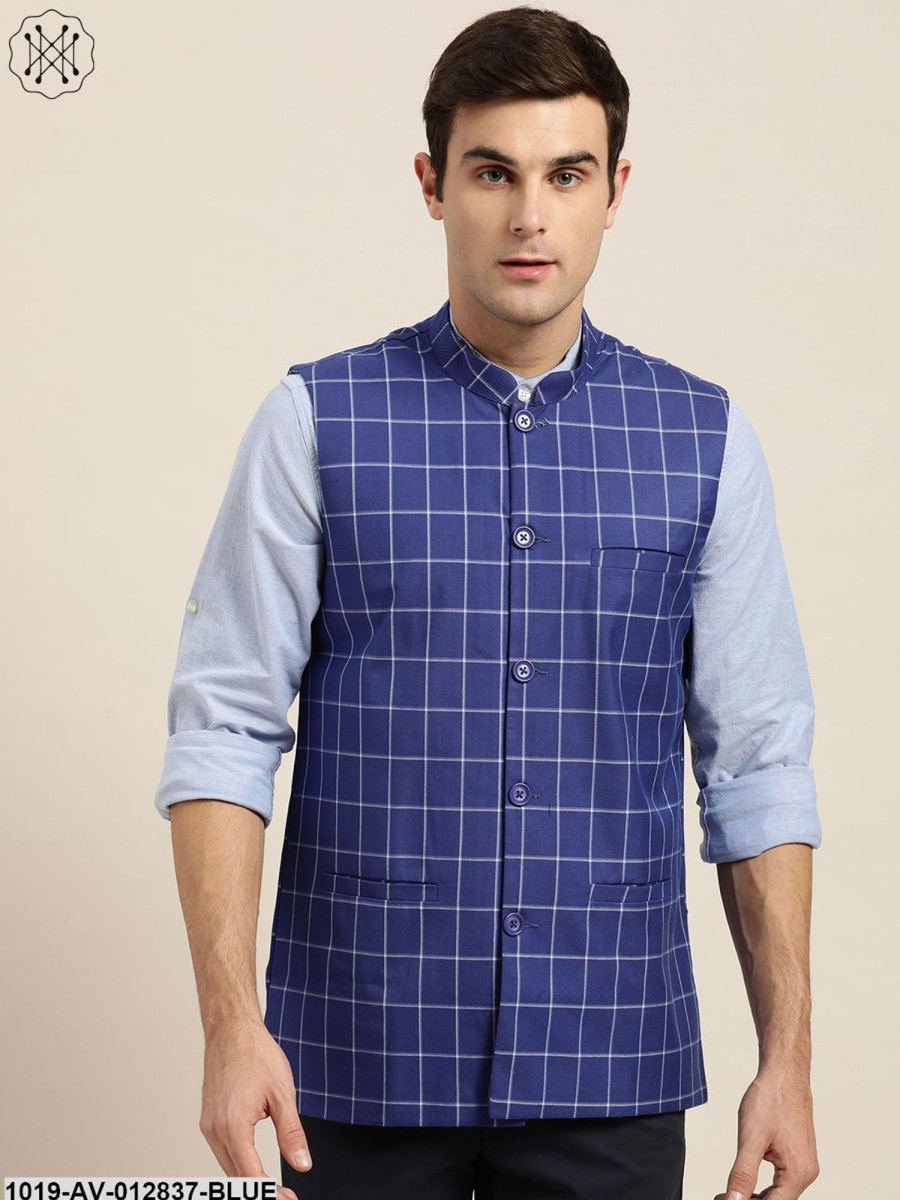 Men Sojanya | Men'S Cotton Blend Maroon U0026 Off White Checked Nehru Jacket - Sojanya