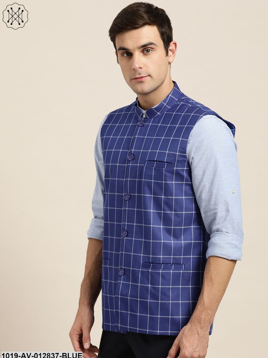 Men Sojanya | Men'S Cotton Blend Maroon U0026 Off White Checked Nehru Jacket - Sojanya