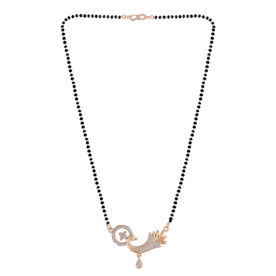 Jewellery I Jewels | Women'S 18K Rose Gold Plated Traditional American Diamond Pendant With Black Bead Chain Mangalsutra For Women - I Jewels