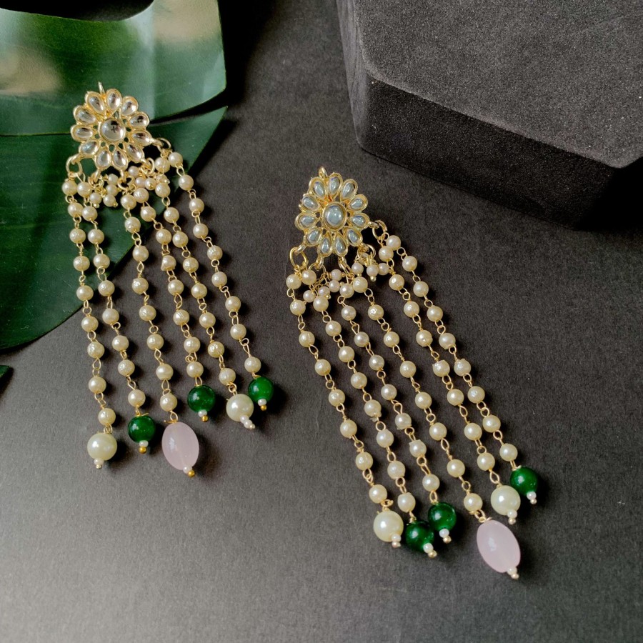 Jewellery I Jewels | Women'S 18K Gold Plated Traditional Handcrafted Pearl Kundan Beaded Earrings - I Jewels Green